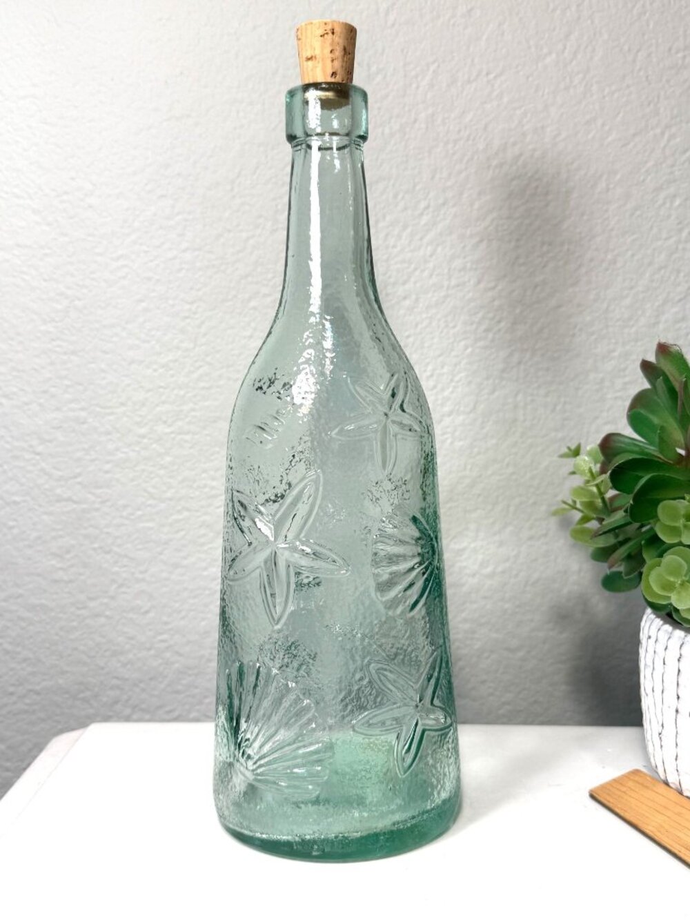 Vintage Collectible Shell Glass Bottle Blue Tint 12 Inches